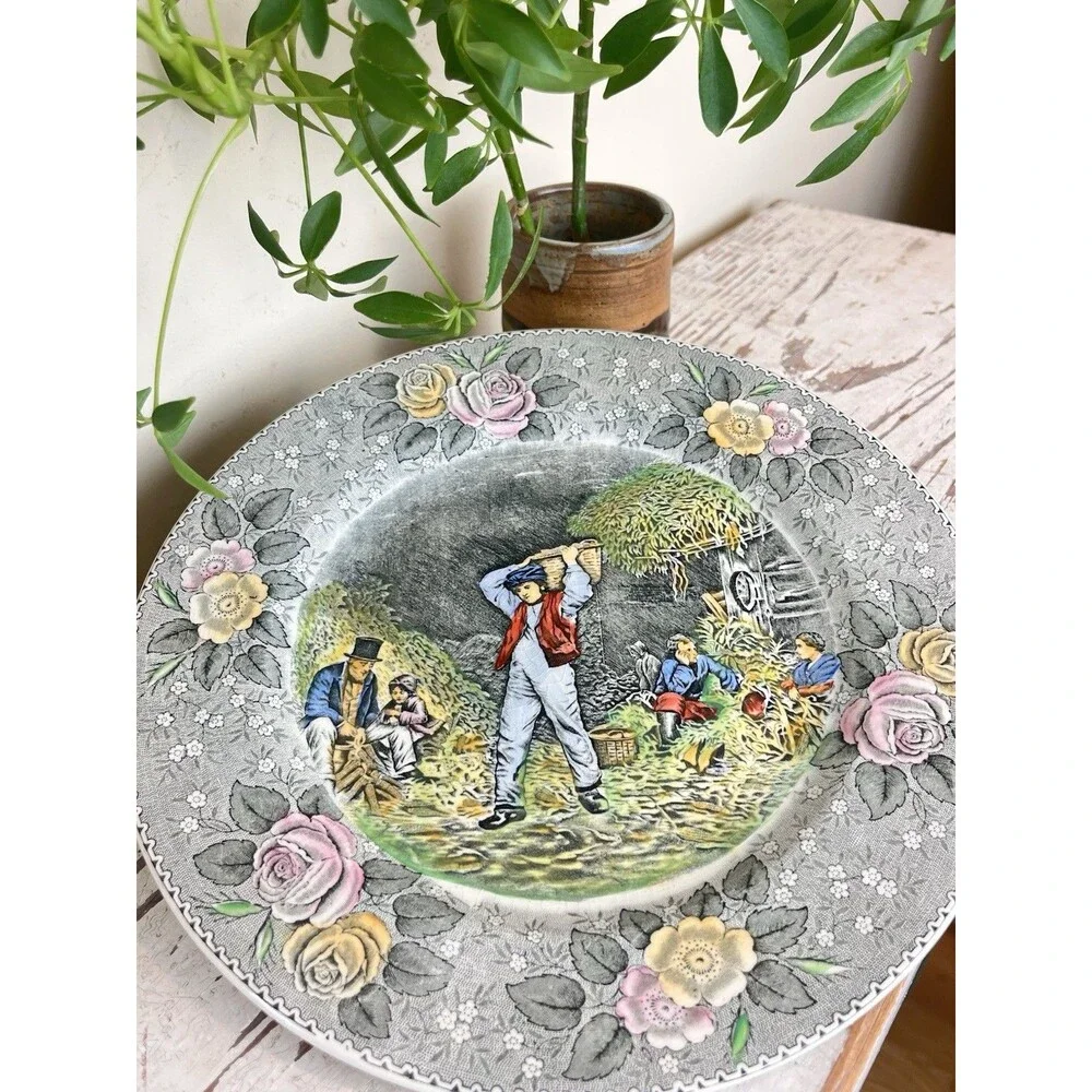 Vintage Adams England 10.5” Dinner Plate Autumn, Husking, Star Of The Road Decor